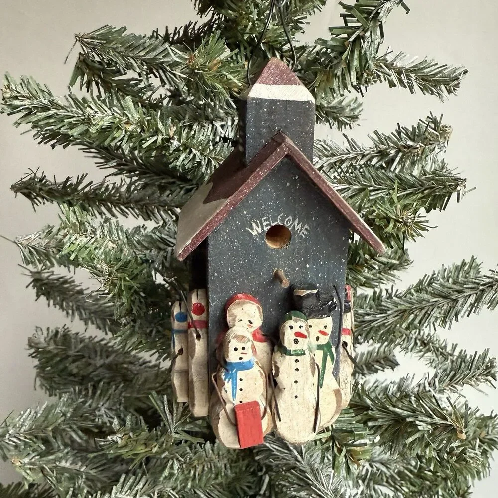 Vintage Christmas Ornament Snowman Family Church Painted Wood Primitive Country